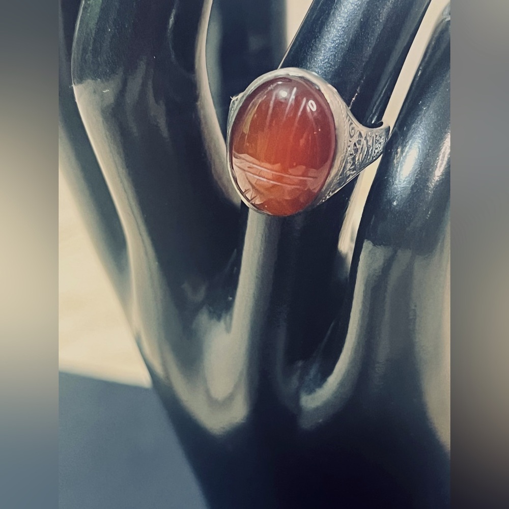 Silver Ring With Dark Amber Oval Stone That Has Sketching Engraved  Size 6 1/2